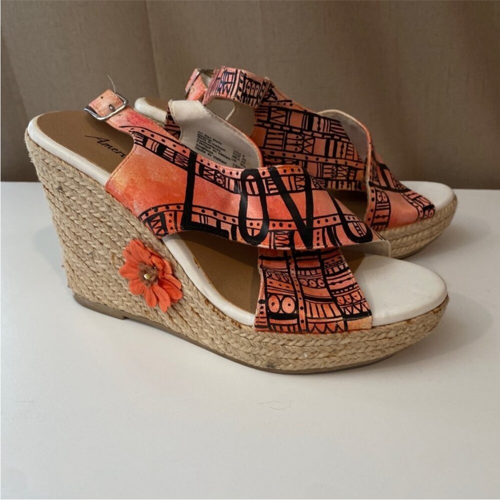 American Eagle Love/Hope Orange Wedge Sandals – Women’s Strappy Summer Shoes